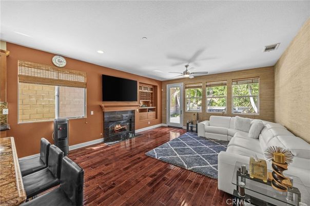 Fireplace, Interior, Living room, Recessed Lighting, Wood Texture Flooring