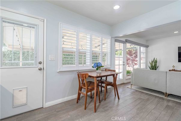 Dining room, Interior, Living room, Recessed Lighting, Wood Texture Flooring