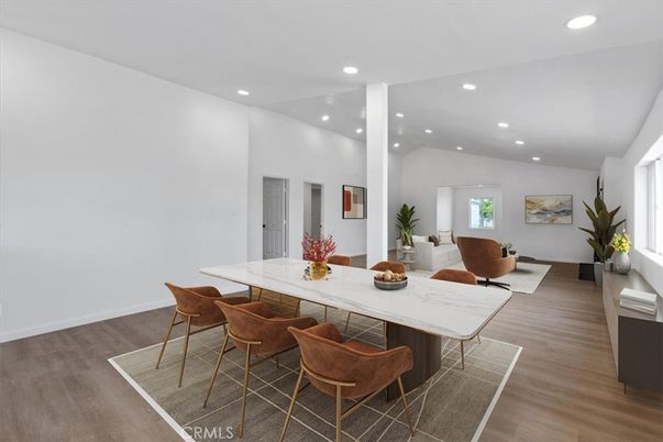 Dining room, Interior, Recessed Lighting, Wood Texture Flooring