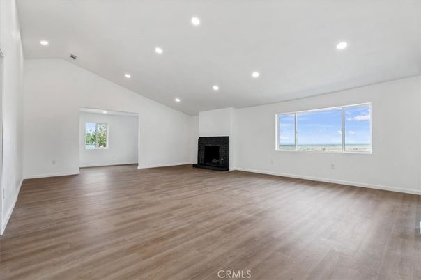 Empty room, Fireplace, Interior, Recessed Lighting, Wood Texture Flooring