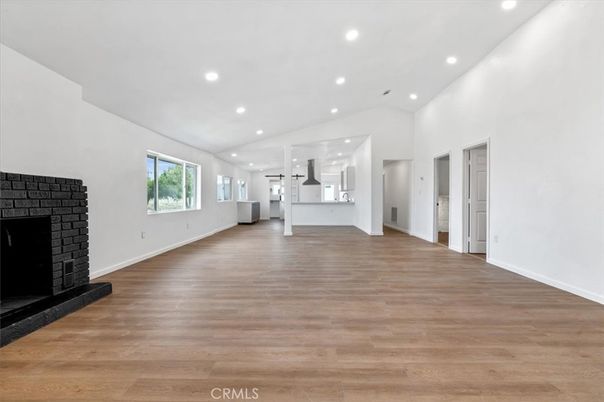 Empty room, Fireplace, Interior, Recessed Lighting, Wood Texture Flooring