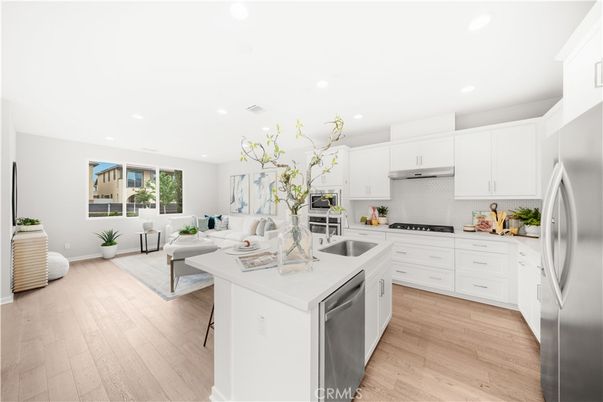 Interior, Kitchen, Living room, Recessed Lighting, Stainless Steel Appliances, Wood Texture Flooring