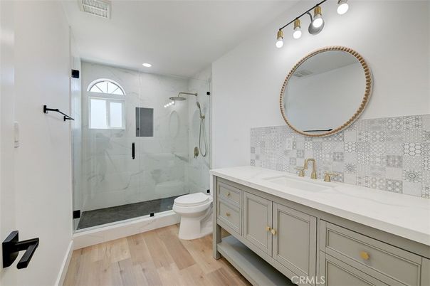 Bathroom, Glass Shower, Interior, Marble Walls, Recessed Lighting, Wood Texture Flooring