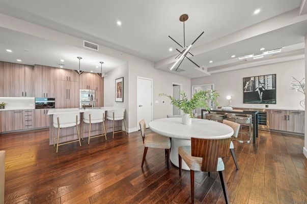 Dining room, Interior, Kitchen, Pendant Lights, Recessed Lighting, Wood Texture Flooring