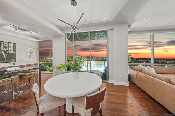 Dining room, Interior, Living room, Pendant Lights, Recessed Lighting, Water, Wood Texture Flooring