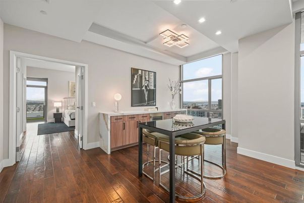 Dining room, Interior, Recessed Lighting, Wood Texture Flooring