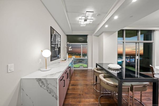 Dining room, Interior, Recessed Lighting, Wood Texture Flooring