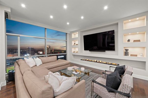 Fireplace, Interior, Living room, Recessed Lighting, Wood Texture Flooring