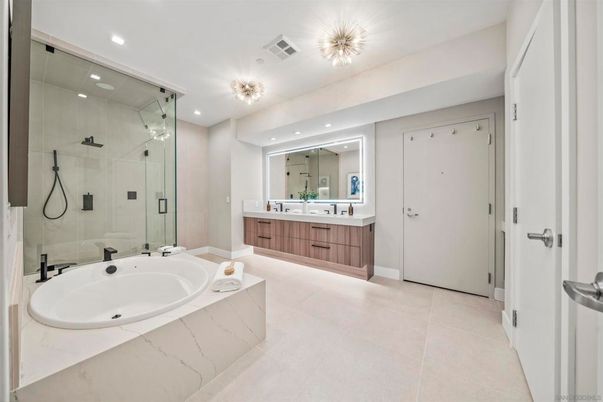 Bathroom, Dual Sink Vanities, Glass Shower, Interior, Recessed Lighting