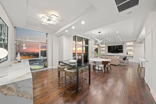 Dining room, Interior, Living room, Pendant Lights, Recessed Lighting, Wood Texture Flooring