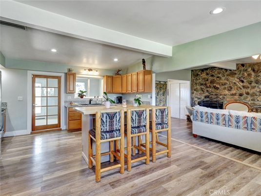 Interior, Kitchen, Recessed Lighting, Stone Walls, Wood Texture Flooring