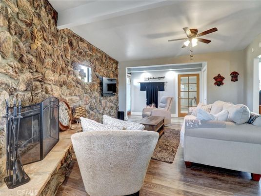 Fireplace, Interior, Living room, Stone Walls, Wood Texture Flooring