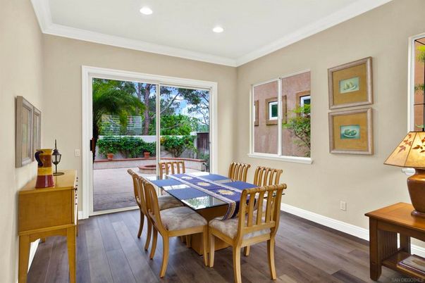 Dining room, Interior, Recessed Lighting, Wood Texture Flooring