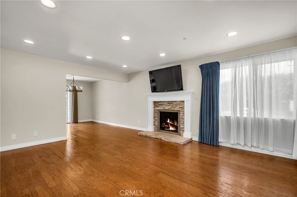 Empty room, Fireplace, Interior, Recessed Lighting, Wood Texture Flooring