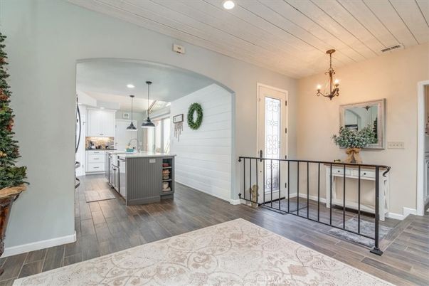 Chandelier, Interior, Kitchen, Pendant Lights, Recessed Lighting, Wood Texture Flooring