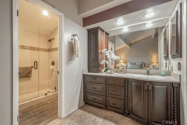 Bathroom, Glass Shower, Interior, Recessed Lighting, Wood Texture Flooring