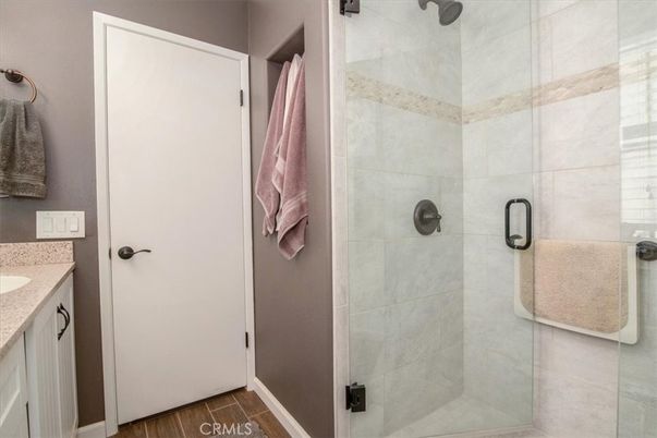 Bathroom, Glass Shower, Interior, Wood Texture Flooring
