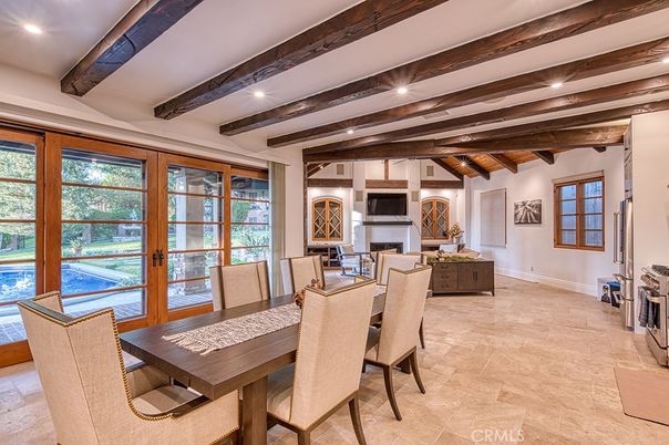 Dining room, Fireplace, Interior, Recessed Lighting, Wooden Beams, Wooden Ceilings