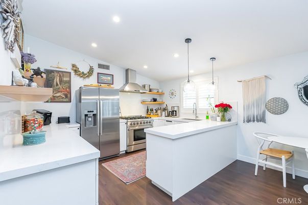 Interior, Kitchen, Pendant Lights, Recessed Lighting, Stainless Steel Appliances, Wood Texture Flooring