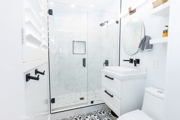 Bathroom, Glass Shower, Interior, Marble Walls, Recessed Lighting