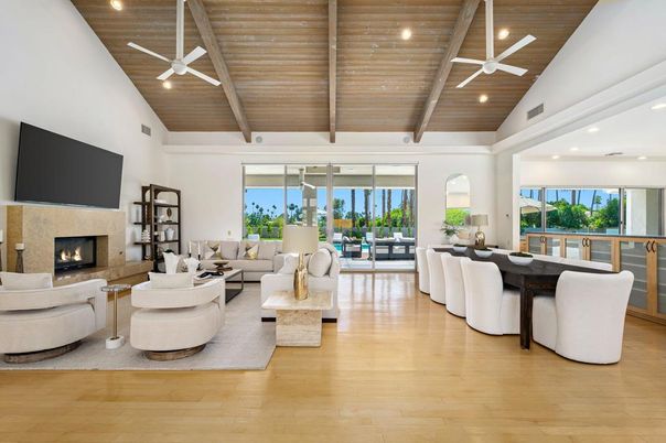 Dining room, Fireplace, Interior, Living room, Recessed Lighting, Wooden Beams, Wooden Ceilings, Wood Texture Flooring