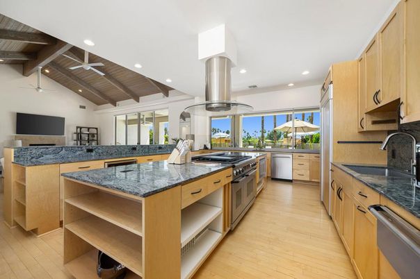 Interior, Kitchen, Recessed Lighting, Stainless Steel Appliances, Wooden Beams, Wooden Ceilings, Wood Texture Flooring