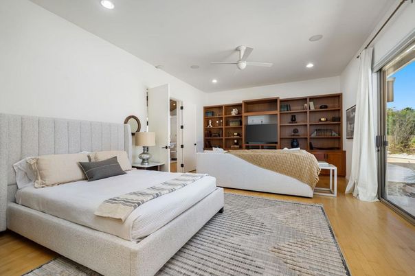 Bedroom, Interior, Recessed Lighting, Wood Texture Flooring