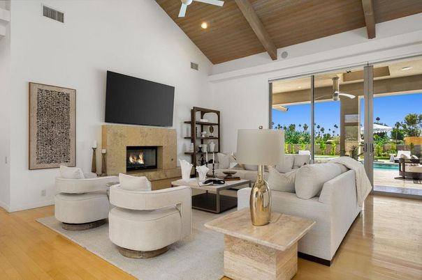 Fireplace, Interior, Living room, Recessed Lighting, Wooden Beams, Wooden Ceilings, Wood Texture Flooring