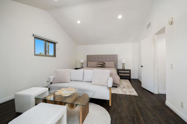 Bedroom, Interior, Recessed Lighting, Wood Texture Flooring