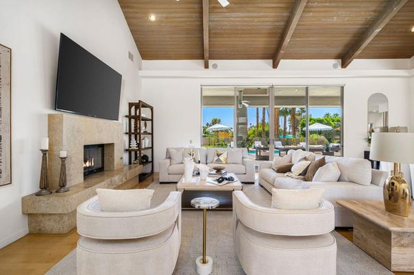 Fireplace, Interior, Living room, Recessed Lighting, Wooden Beams, Wooden Ceilings, Wood Texture Flooring