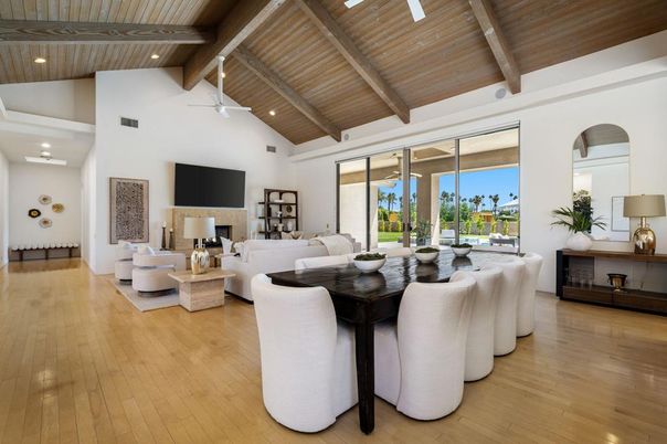 Dining room, Interior, Living room, Recessed Lighting, Wooden Beams, Wooden Ceilings, Wood Texture Flooring