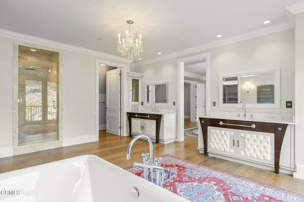 Bathroom, Chandelier, Interior, Recessed Lighting, Wood Texture Flooring