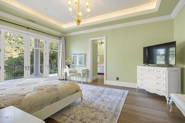 Bedroom, Chandelier, Interior, Wood Texture Flooring