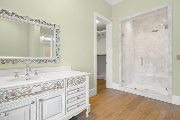 Bathroom, Glass Shower, Interior, Wood Texture Flooring