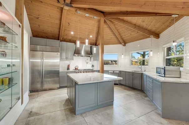 Interior, Kitchen, Pendant Lights, Recessed Lighting, Stainless Steel Appliances, Wooden Beams, Wooden Ceilings