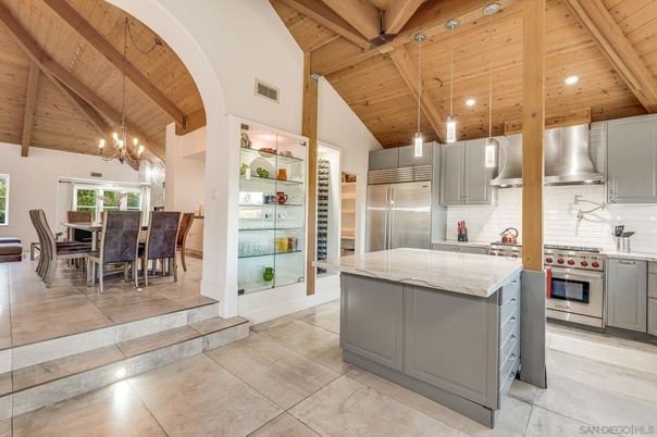 Chandelier, Dining room, Interior, Kitchen, Pendant Lights, Recessed Lighting, Stainless Steel Appliances, Wooden Beams, Wooden Ceilings
