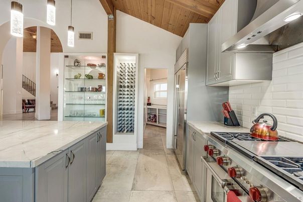 Interior, Kitchen, Marble, Pendant Lights, Stainless Steel Appliances, Wooden Ceilings