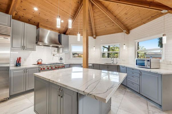 Interior, Kitchen, Pendant Lights, Recessed Lighting, Stainless Steel Appliances, Wooden Beams, Wooden Ceilings