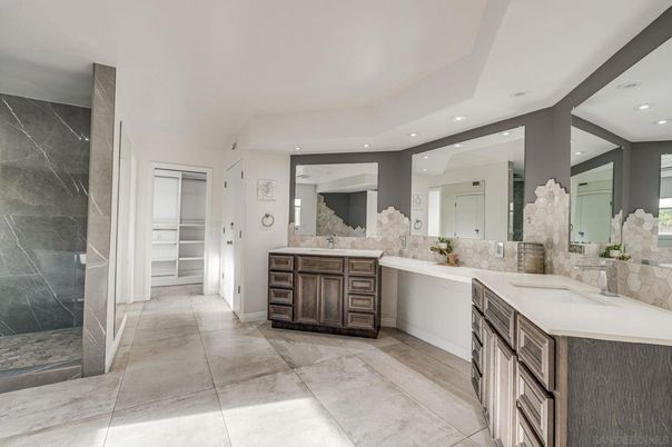 Bathroom, Dual Sink Vanities, Interior, Marble Walls, Recessed Lighting