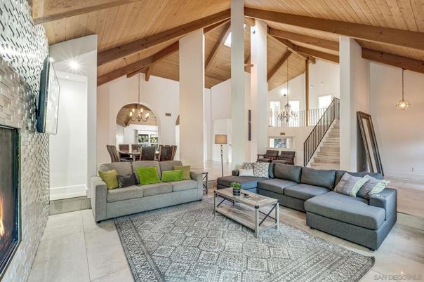Chandelier, Dining room, Fireplace, Interior, Living room, Pendant Lights, Wooden Beams, Wooden Ceilings