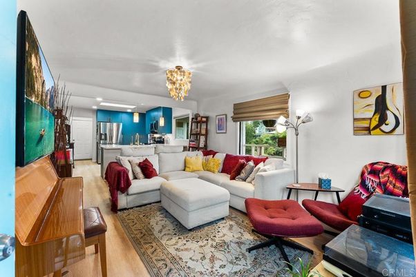Chandelier, Interior, Kitchen, Living room, Recessed Lighting, Stainless Steel Appliances, Wood Texture Flooring