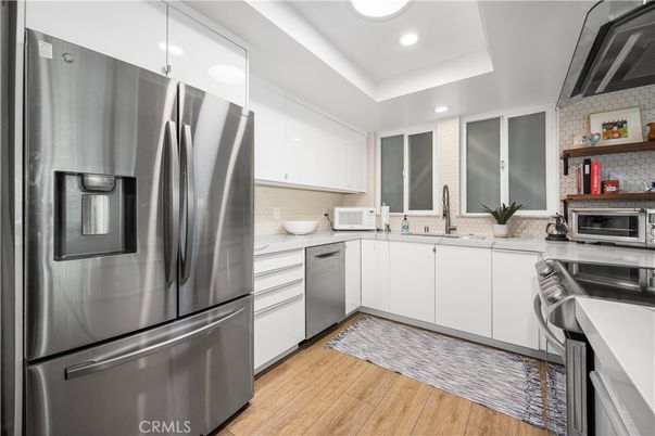 Interior, Kitchen, Recessed Lighting, Stainless Steel Appliances, Wood Texture Flooring