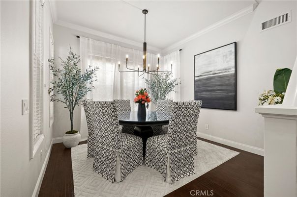 Dining room, Interior, Pendant Lights, Wood Texture Flooring