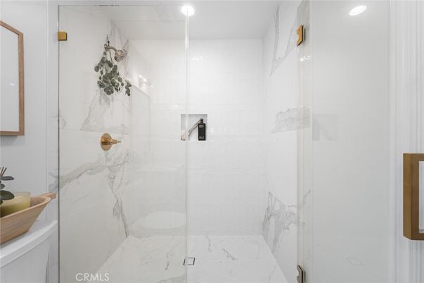 Bathroom, Glass Shower, Interior, Marble, Marble Walls, Recessed Lighting
