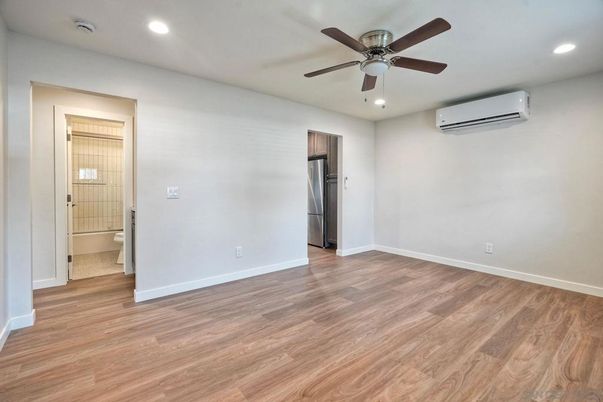 Bathroom, Empty room, Interior, Recessed Lighting, Wood Texture Flooring