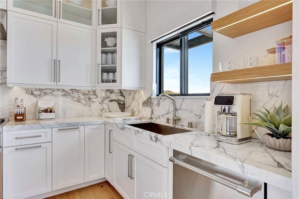 Interior, Kitchen, Marble Walls, Stainless Steel Appliances, Wood Texture Flooring