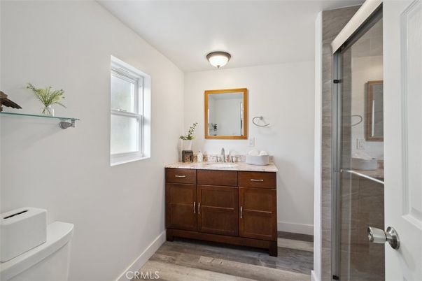 Bathroom, Glass Shower, Interior, Wood Texture Flooring