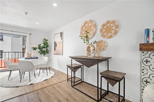 Dining room, Interior, Recessed Lighting, Wood Texture Flooring