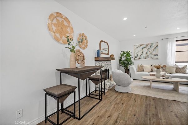 Fireplace, Interior, Living room, Recessed Lighting, Wood Texture Flooring