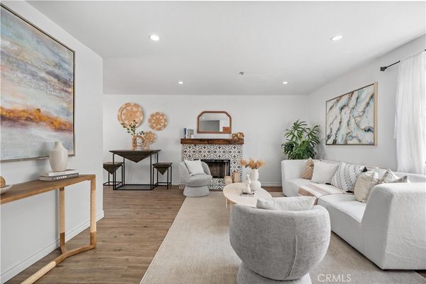 Fireplace, Interior, Living room, Recessed Lighting, Wood Texture Flooring